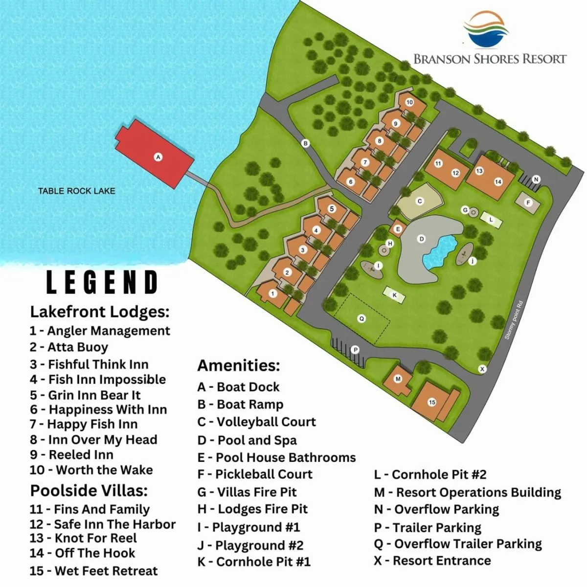 A sweeping view of Table Rock Lake framed by Lakefront Lodges, a spacious pool area, and nearby recreation zones. The amenities—including a pool and fire pits—are visible, with sunset hues reflecting on the water and groups of people engaging in swimming, fishing, and playing sports, capturing both the lakeside and community environment.