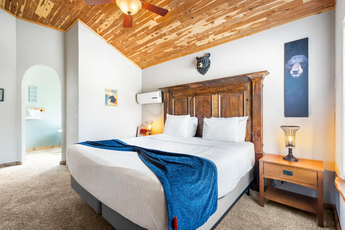A tranquil bedroom featuring a wooden bed frame with a blue throw blanket, animal-themed artwork on the walls, and a table lamp on the nightstand. Warm natural light fills the space, creating a cozy and inviting atmosphere ideal for relaxation and restful sleep.