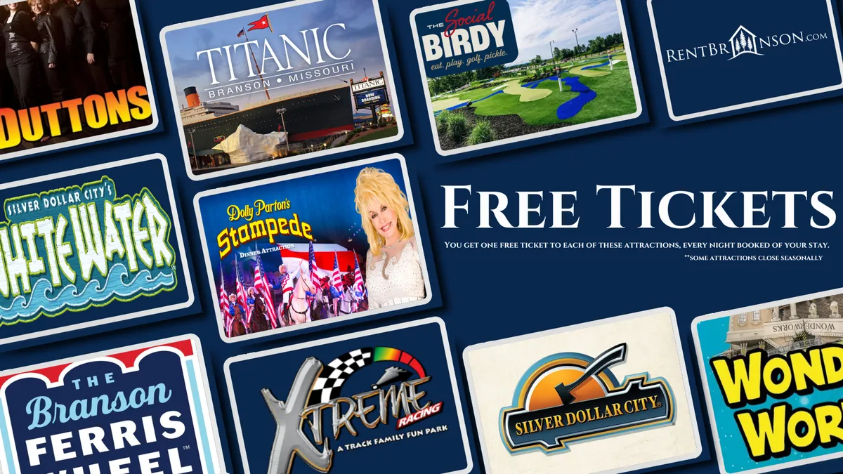 A close-up of colorful attraction tickets, each branded with well-known Branson entertainment venues, promises adventure and excitement beyond the property. The visual energy suggests a gateway to off-site fun and value.